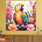 Lebhafter Aquarellpapagei mit tropischen Blume - Leinwanddruck (Insitu (Wohnzimmer))