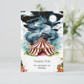 Lebhafter, benutzerdefinierter Zirkus Geburtstag Dankeskarte (Stehend Vorderseite)