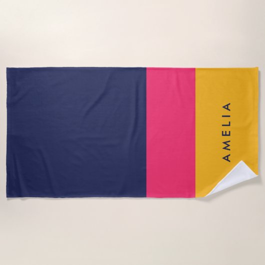 Lebhafter blauer rosa gelber Farbblock Strandtuch (Vorderseite)