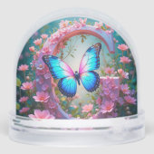 Lebhafter blauer Schmetterling auf einem blumenges Schneekugeln (Rückseite)