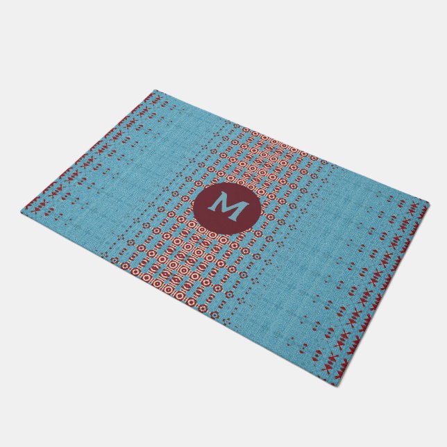 Lebhafter blauer Südwestästhetischer geometrischer Fußmatte (Schrägansicht)