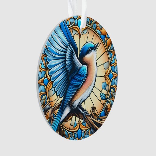 Lebhafter Blauer Vogel auf festem Glas Ornament (Vorderseite)
