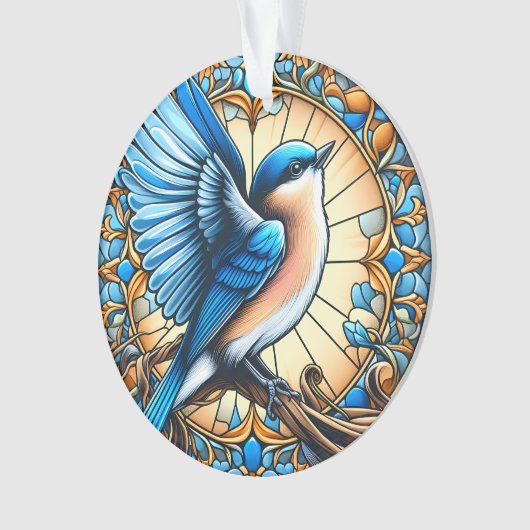 Lebhafter Blauer Vogel auf festem Glas Ornament (Vorderseite)