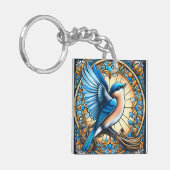 Lebhafter Blauer Vogel auf festem Glas Schlüsselanhänger (Vorderseite links)