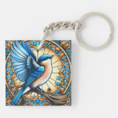 Lebhafter Blauer Vogel auf festem Glas Schlüsselanhänger (Rückseite)