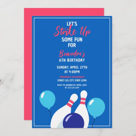Lebhafter Blue und Red Bowling 6. Geburtstag Einladung (Vorne/Hinten)