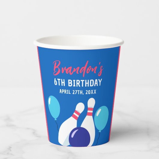 Lebhafter Blue und Red Bowling 6. Geburtstag Pappbecher (Vorderseite)