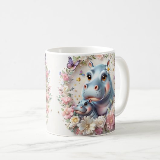 Lebhafter Cartoon Hippos feiert Muttertag Kaffeetasse (VorderseiteRechts)