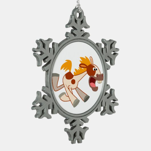 Lebhafter Cartoon Pinto Pferdeschwalbe Schneeflocken Zinn-Ornament (Links)