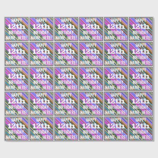 Lebhafter, farbenfroher 12. Geburtstag + Individue Geschenkpapier (Flach)