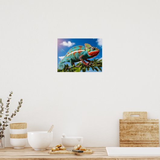 Lebhafter farbenfroher Chameleon auf blauem Hinter Poster (Küche)