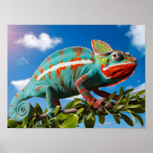 Lebhafter farbenfroher Chameleon auf blauem Hinter Poster