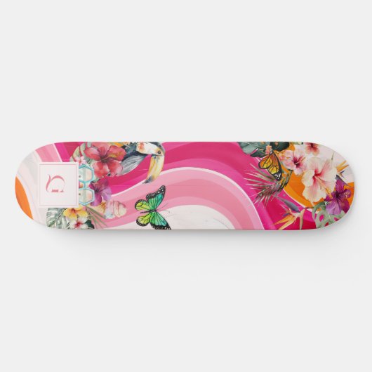 Lebhafter Fluss | Funky Retro Tropical Monogram Skateboard (Horizontal)