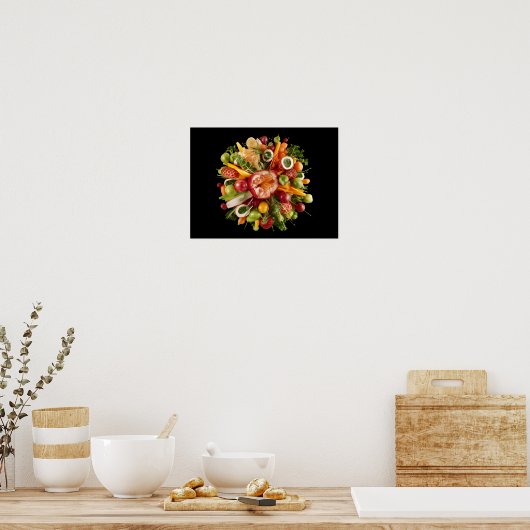 Lebhafter Fresh Food Burst auf schwarzem Hintergru Poster (Küche)