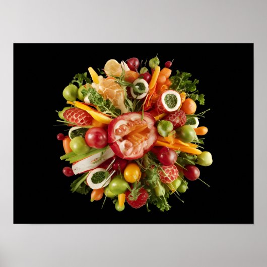 Lebhafter Fresh Food Burst auf schwarzem Hintergru Poster (Vorne)
