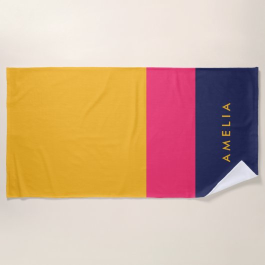 Lebhafter, gelb rosa blauer Farbblock Strandtuch (Vorderseite)