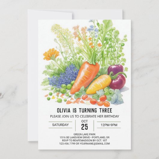 Lebhafter Gemüse Garten Geburtstag Einladung (Vorderseite)