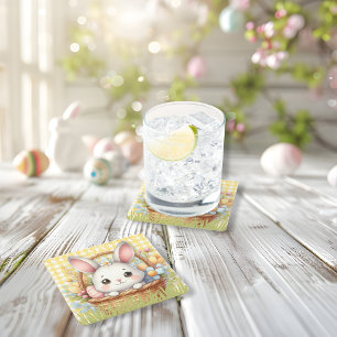 Lebhafter glücklicher Ostern im gelben Hintergrund Rechteckiger Pappuntersetzer