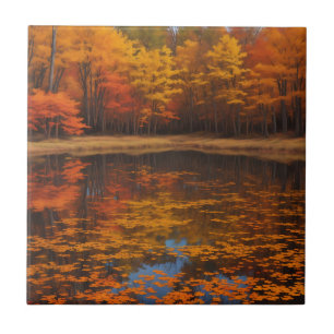 Lebhafter Herbstsee und Wald Fliese