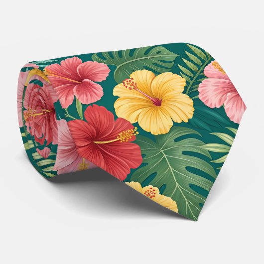Lebhafter Hibiskus Hawaii Krawatte (Gerollt)