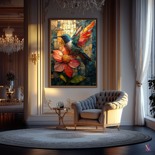 Lebhafter Hummingbird und Blume in festem Glas Poster