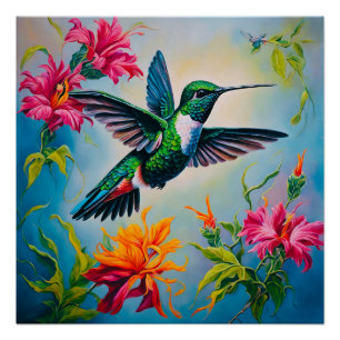 Lebhafter Hummingvogel mit Blume Poster