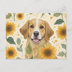 Lebhafter Hund mit Sonnenblumen Postkarte