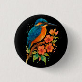 Lebhafter Kingfisher mit Blüten - Wasserfarben Kun Button (Vorderseite)