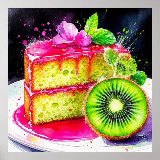 Lebhafter Kiwi-Kuchen mit rosa Glaze Poster (Vorne)