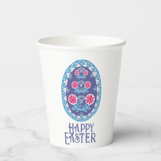 Lebhafter kultureller Akzent Blau Ukrainische Pysa Pappbecher (Rückseite)