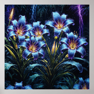 Lebhafter leuchtender Lilien blühender Fantasiegar Poster