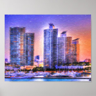 Lebhafter Miami Skyline Sunrise Poster