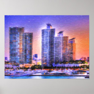 Lebhafter Miami Skyline Sunrise Poster