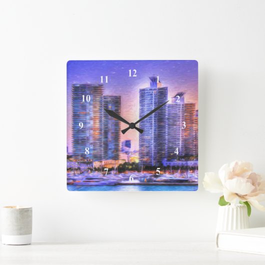 Lebhafter Miami Skyline Sunrise Quadratische Wanduhr (Zuhause)
