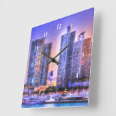 Lebhafter Miami Skyline Sunrise Quadratische Wanduhr (Winkel)
