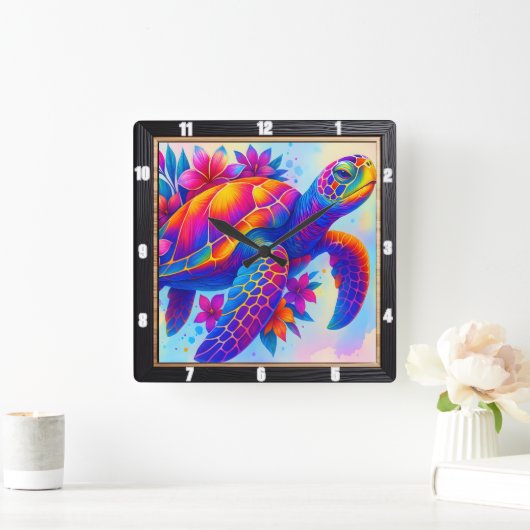 Lebhafter Multicolor-Schildkrötenmeer Quadratische Wanduhr (Zuhause)
