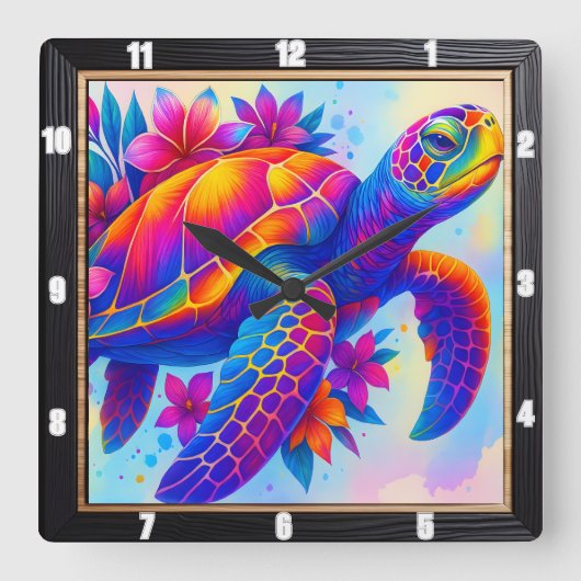 Lebhafter Multicolor-Schildkrötenmeer Quadratische Wanduhr (Vorderseite)