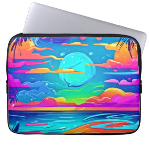 Lebhafter Neonsonnenuntergang über den Ozeanwellen Laptopschutzhülle