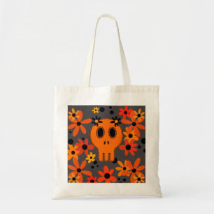 Lebhafter Orangenschädel und Blume Tragetasche