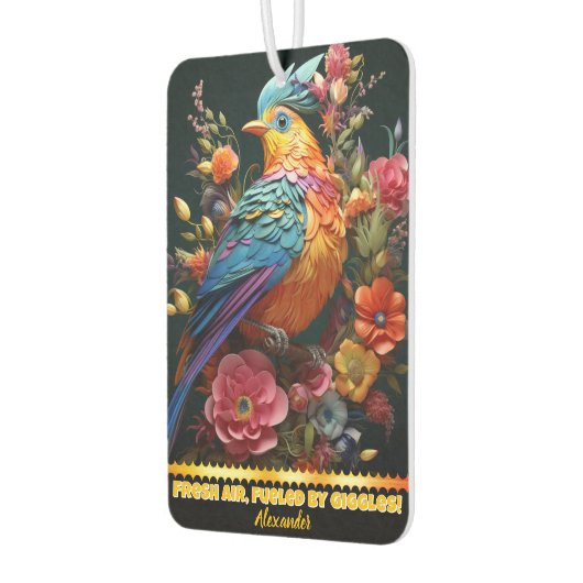 Lebhafter Papagei inmitten farbenfroher Blumenarra Autolufterfrischer (Links)