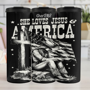 Lebhafter Patriot: Jesus, Amerika, Cowgirl Thermosbecher