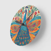 "Lebhafter Pfau im mexikanischen Folkkunststil Runde Wanduhr (Winkel)