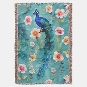 Lebhafter Pfau mit Federn und üppigen Florals Decke