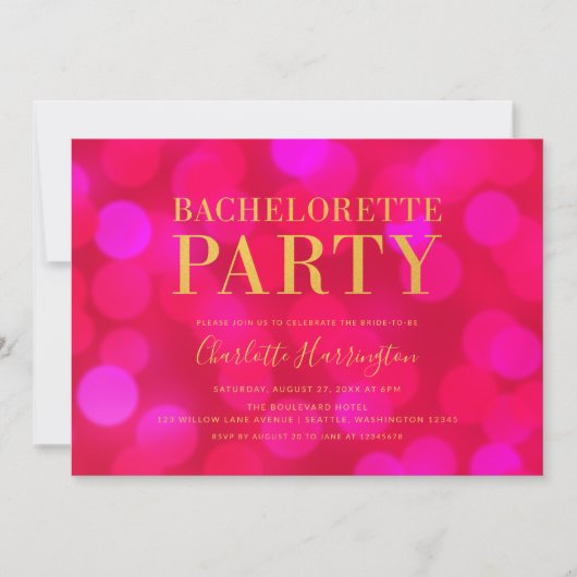 Lebhafter Pink Bokeh Lights Junggeselinnen-Abschie Einladung (Vorderseite)