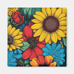 Lebhafter Pop Art Blumendesign mit Sonnenblumen Magnet
