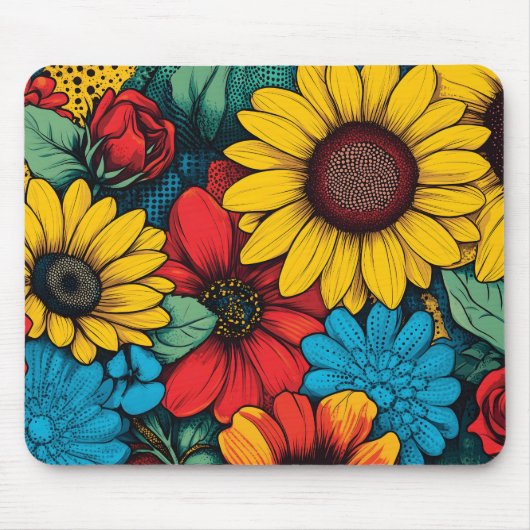 Lebhafter Pop Art Blumendesign mit Sonnenblumen Mousepad (Vorne)