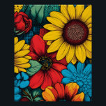 Lebhafter Pop Art Blumendesign mit Sonnenblumen Poster<br><div class="desc">Mit diesem feinen Blumendesign aus Pop mit blühenden Sonnenblumen,  Gänseblumen und Rose in markanten Rot-,  Gelb- und Blautönen lassen Sie den Raum ganz schön hell werden. Ideal für Kunstliebhaber und Naturliebhaber. Mit diesem einzigartigen Blumenwerk fügen Sie Farbe und Stil hinzu!</div>