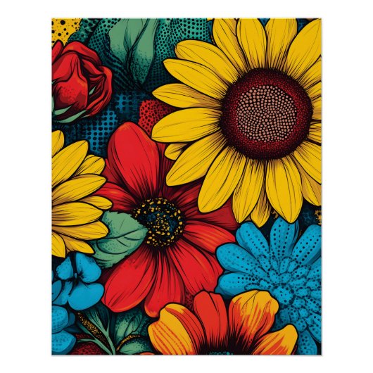 Lebhafter Pop Art Blumendesign mit Sonnenblumen Poster (Vorderseite)