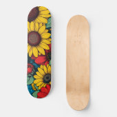 Lebhafter Pop Art Blumendesign mit Sonnenblumen Skateboard (Vorderseite)