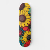 Lebhafter Pop Art Blumendesign mit Sonnenblumen Skateboard (Vorderseite)